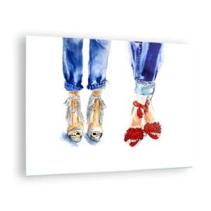 Impression sur verre - Image sur verre - Deux chaussures élégantes sur fond de jeans - 70x50cm - Peut-être irons-nous nous promener? - Décoration murale moderne pour le salon et la chambre ARTTOR