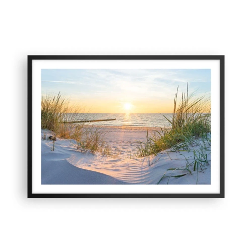 Affiche dans un cadre noir - Poster - Une plage de sable avec vue sur le coucher de soleil sur la mer - 70x50cm - Le bruit de la mer, le chant des oiseaux, une plage sauvage parmi les herbes… - Décoration murale moderne pour le salon et la chambre ARTTOR
