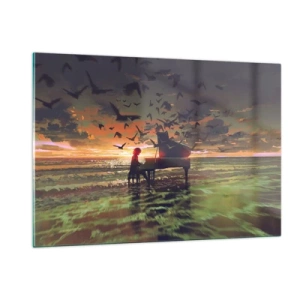 Impression sur verre - Image sur verre - Pianiste jouant du piano sur la plage au coucher du soleil - 120x80cm - Concert pour piano et vagues - Décoration murale moderne pour le salon et la chambre ARTTOR
