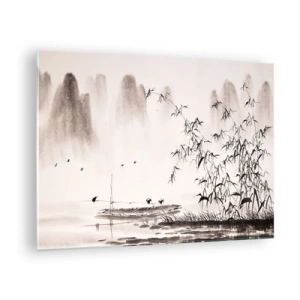 Impression sur verre - Image sur verre - Une scène minimaliste avec du bambou et un bateau sur un lac. - 70x50cm - Le silence des rizières - Décoration murale moderne pour le salon et la chambre ARTTOR