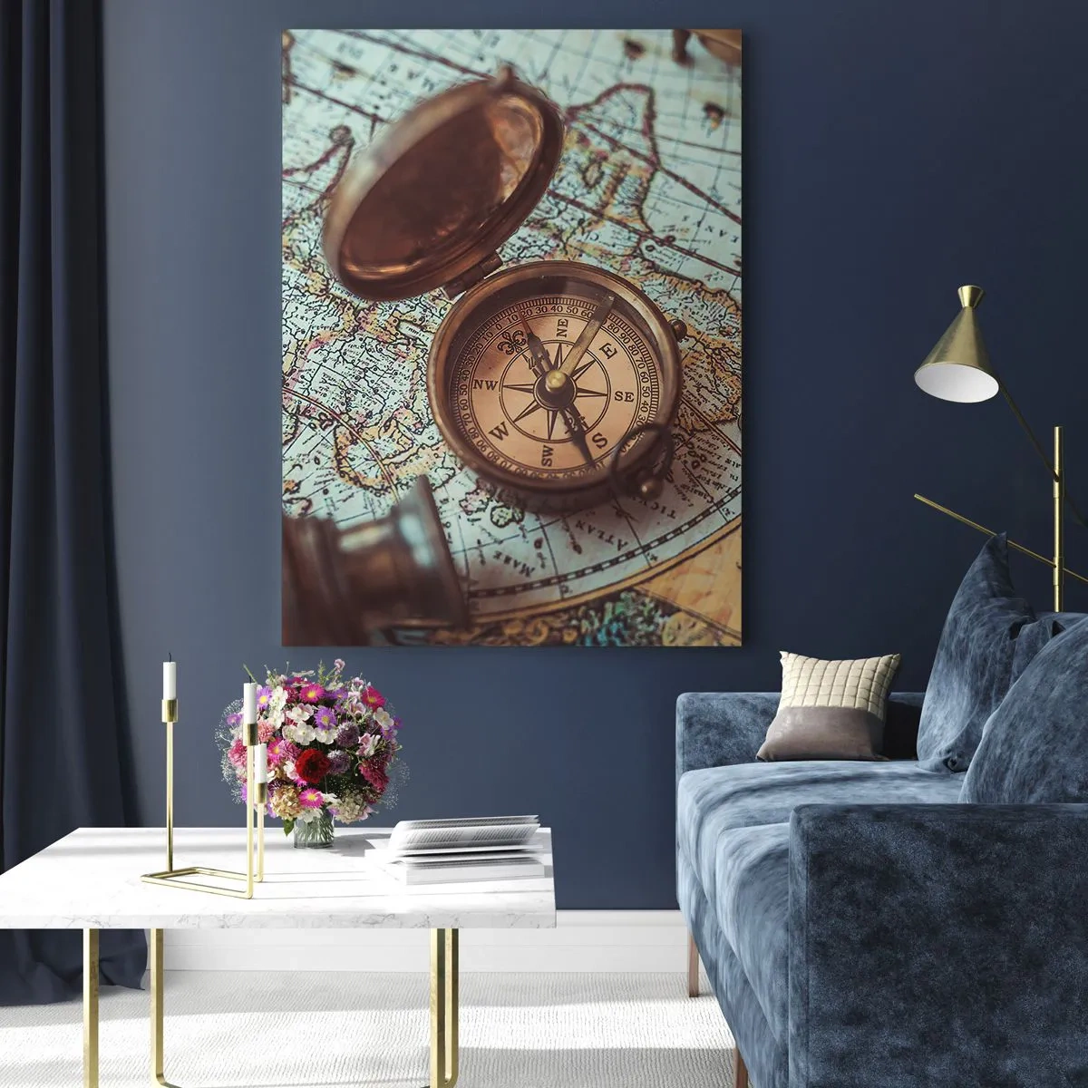 Impression sur verre - Image sur verre - Composition avec une boussole, des clés et une vieille carte dans un style rétro - 80x120cm - Pour ceux qui recherche l'aventure - Décoration murale moderne pour le salon et la chambre ARTTOR
