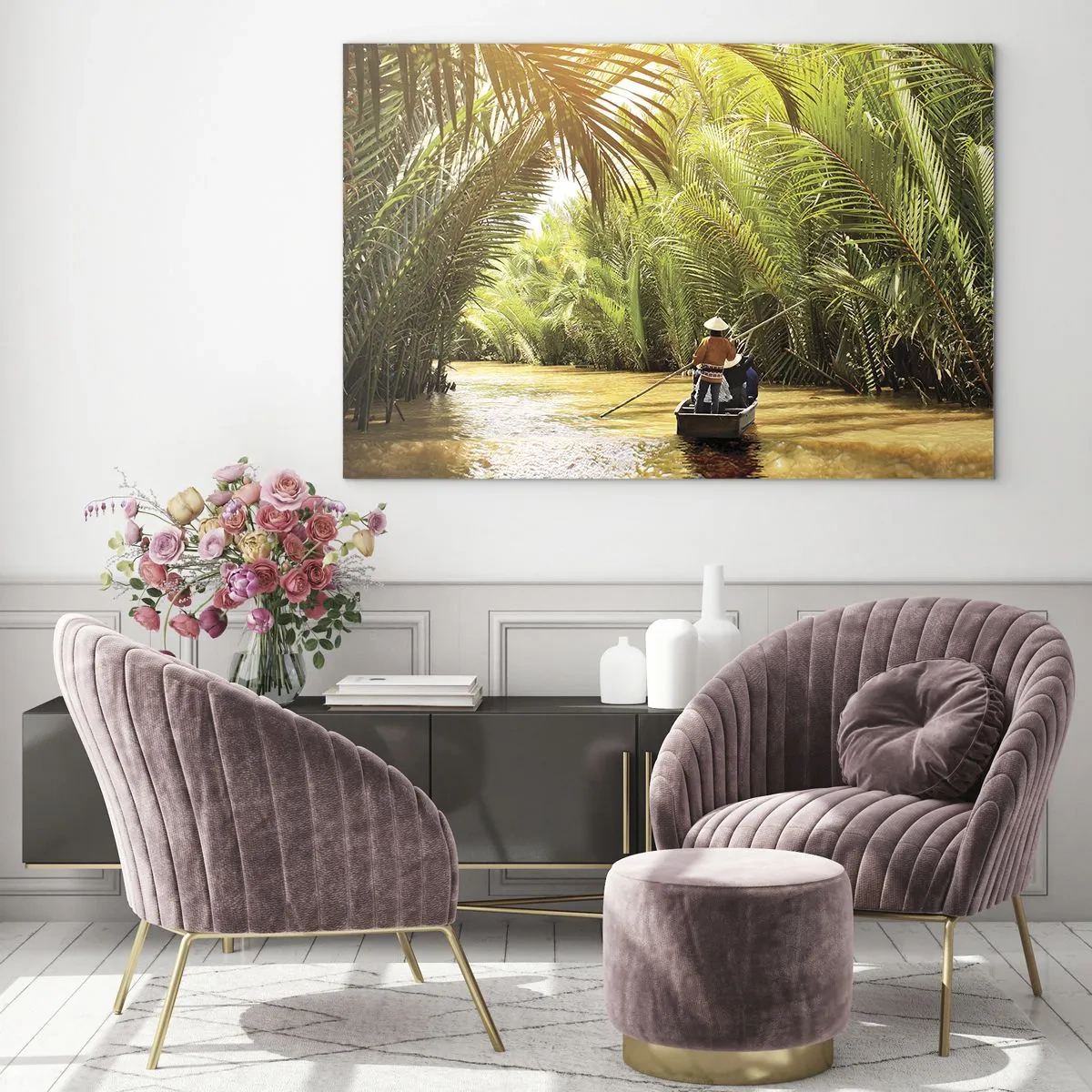 Impression sur verre - Image sur verre - Un bateau avec un homme à la rame navigue à travers une gorge bordée de palmiers - 70x50cm - Ravin de palmier - Décoration murale moderne pour le salon et la chambre ARTTOR