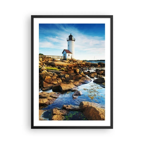 Affiche dans un cadre noir - Poster - Un phare sur une côte rocheuse par une journée ensoleillée - 50x70cm - Revenez heureux, j'attends - Décoration murale moderne pour le salon et la chambre ARTTOR