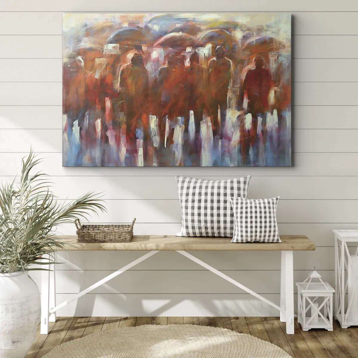 Impression sur toile - Image sur toile - Une foule de personnes avec des parapluies dans un décor pluvieux et artistique - 120x80cm - Identiques sous la pluie et dans le brouillard - Décoration murale moderne pour le salon et la chambre ARTTOR