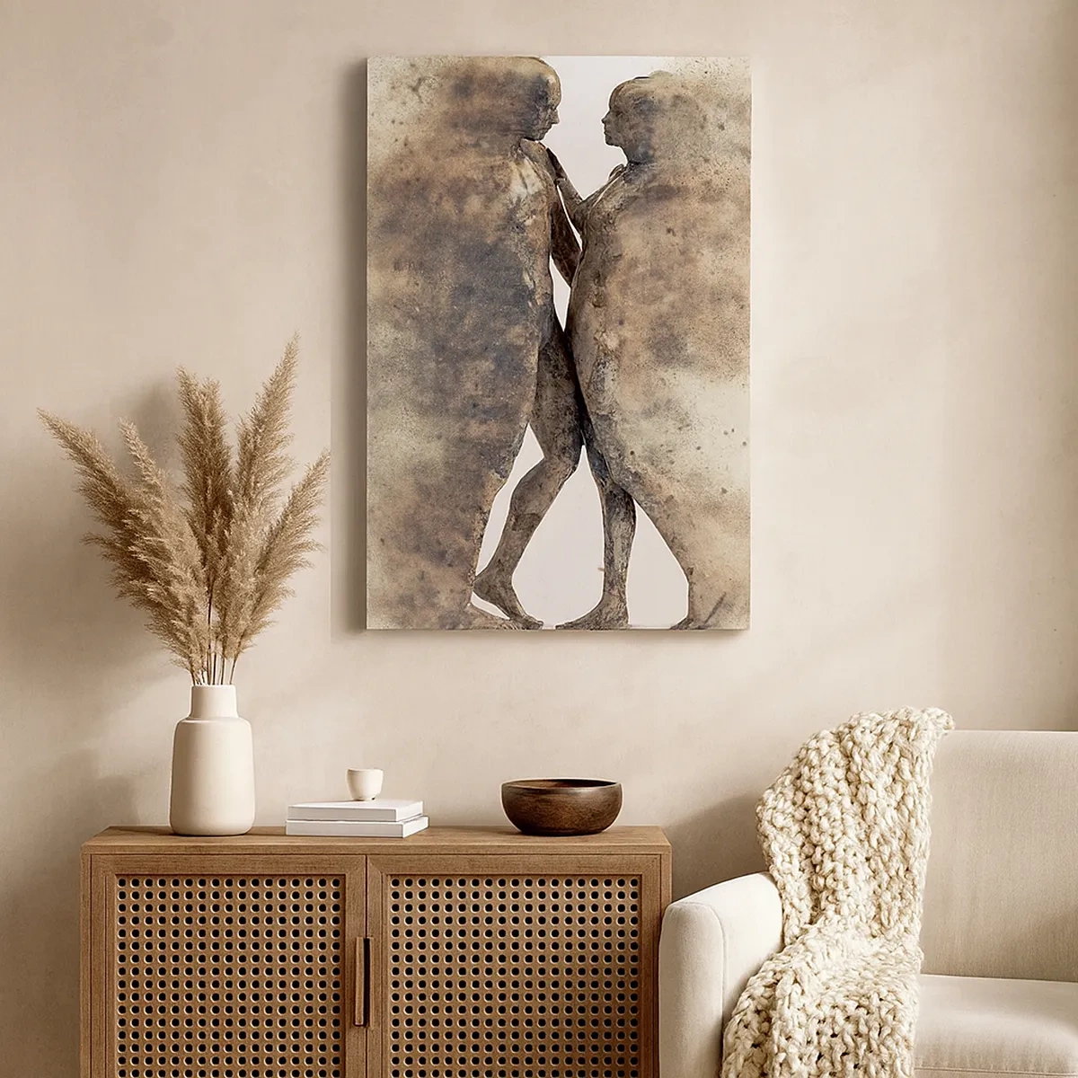 Impression sur toile - Image sur toile - Un duo abstrait de silhouettes aux tons sable - 50x70cm - Ils sont sortis de la poussière pour aimer - Décoration murale moderne pour le salon et la chambre ARTTOR