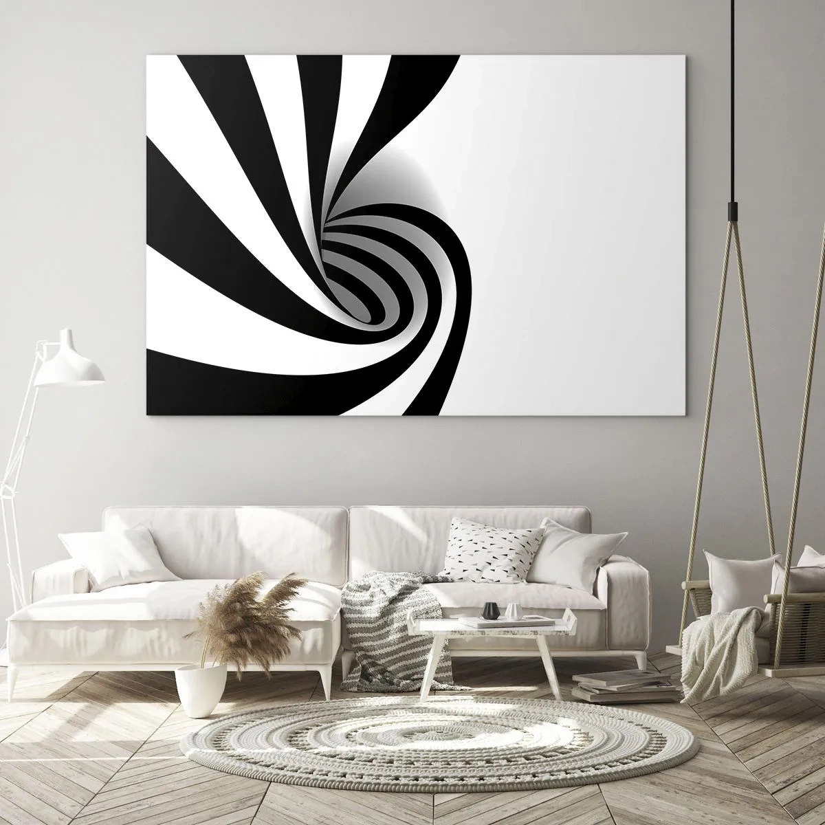 Impression sur verre - Image sur verre - Spirale abstraite en noir et blanc avec une forme dynamique - 70x50cm - Et pourtant ça tourne - Décoration murale moderne pour le salon et la chambre ARTTOR