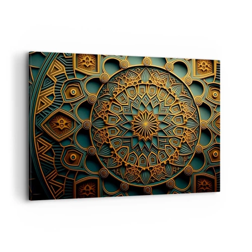 Impression sur toile - Image sur toile - Un mandala doré sur fond turquoise avec des détails riches. - 120x80cm - Dans une ambiance arabe - Décoration murale moderne pour le salon et la chambre ARTTOR