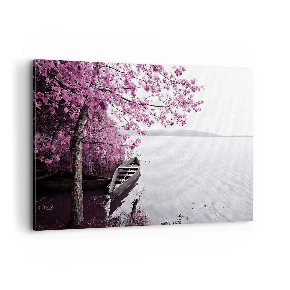 Impression sur toile - Image sur toile - Un bateau au bord d'un lac parmi des arbres roses - 120x80cm - Dans un silence rose - Décoration murale moderne pour le salon et la chambre ARTTOR