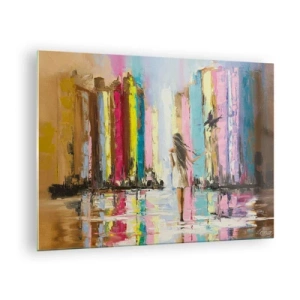 Impression sur verre - Image sur verre - Une femme avec un oiseau en arrière-plan de bâtiments colorés - 70x50cm - Viens avec moi - Décoration murale moderne pour le salon et la chambre ARTTOR