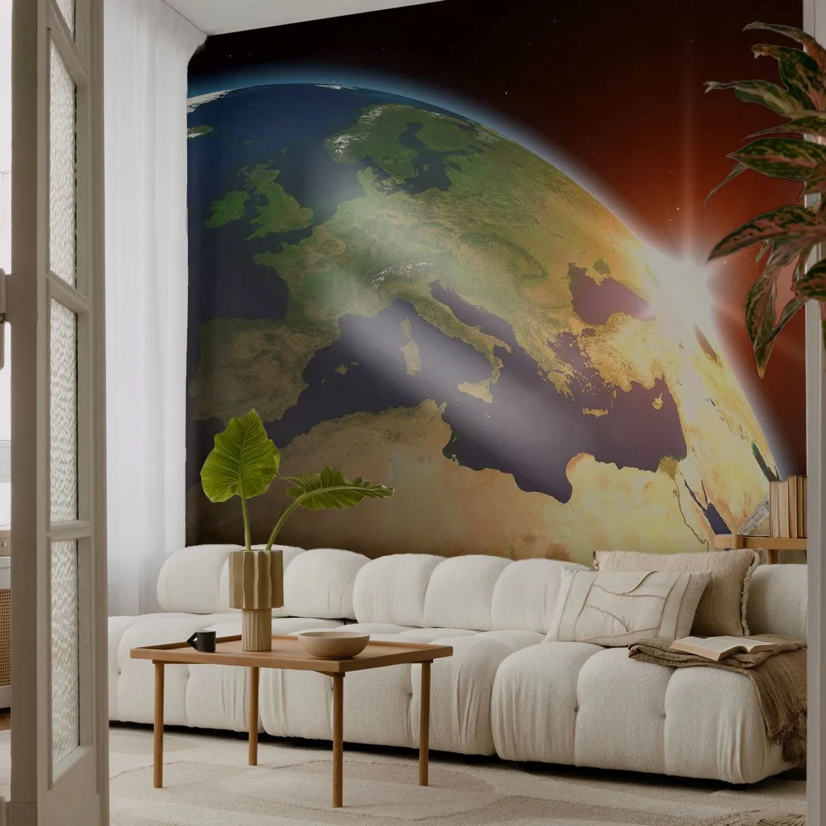 Papier Peint Photo Premium Sand - Lever de soleil - Cosmos, Globe, Continents - 400x280 cm