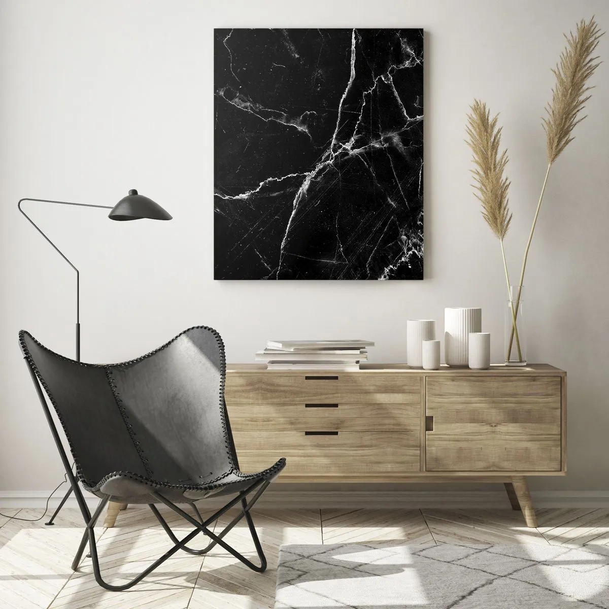 Impression sur verre - Image sur verre - Marbre noir avec des veines blanches dans les détails - 80x120cm - La vie secrète de la pierre - Décoration murale moderne pour le salon et la chambre ARTTOR