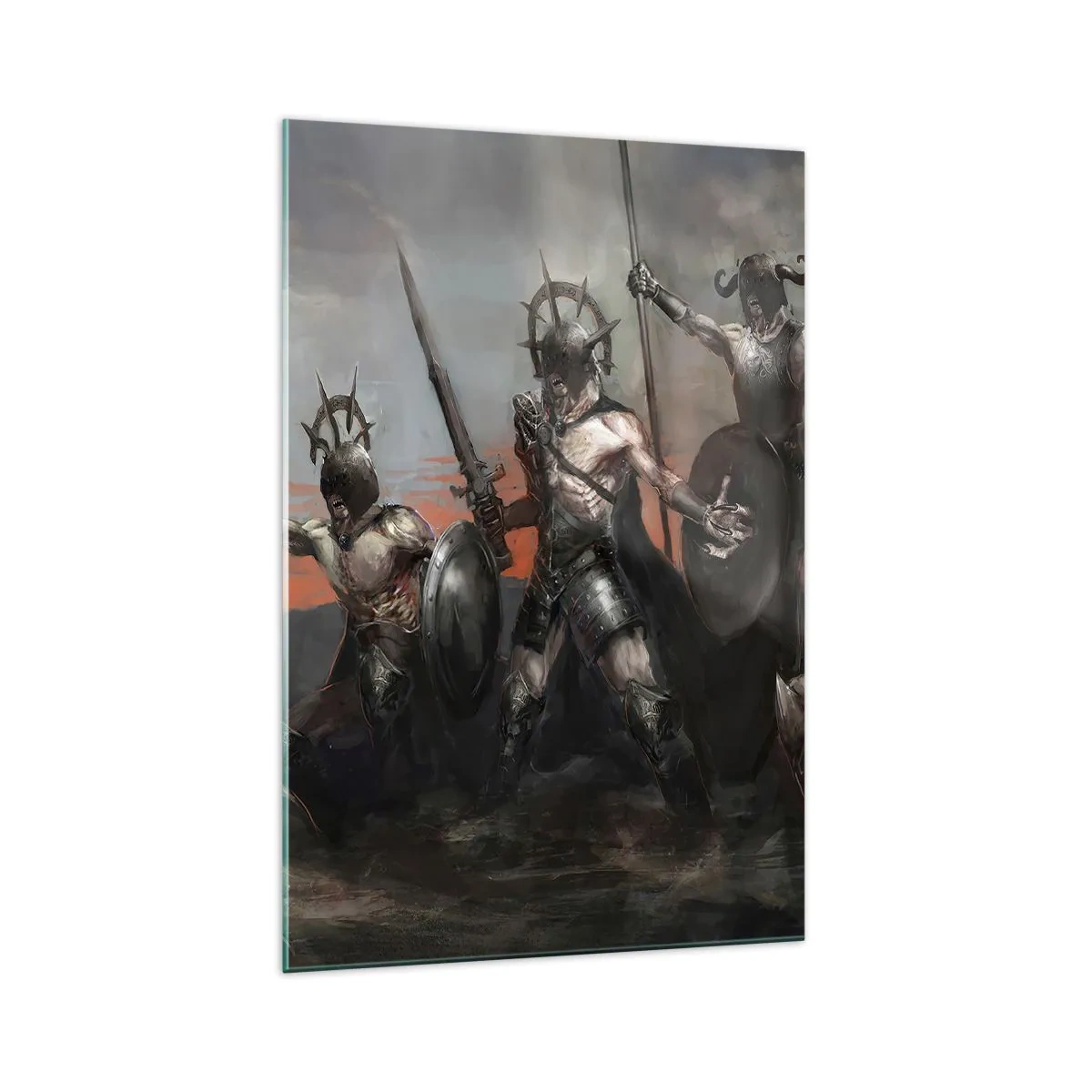 Impression sur verre - Image sur verre - Un groupe de guerriers en armure avec des lances sur fond de coucher de soleil - 70x100cm - Avec ou sur un bouclier - Décoration murale moderne pour le salon et la chambre ARTTOR