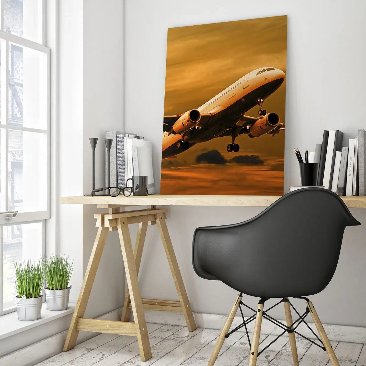 Impression sur verre - Image sur verre - Un avion de ligne décollant sous un ciel de coucher de soleil doré. - 80x120cm - Vol vers le soleil - Décoration murale moderne pour le salon et la chambre ARTTOR