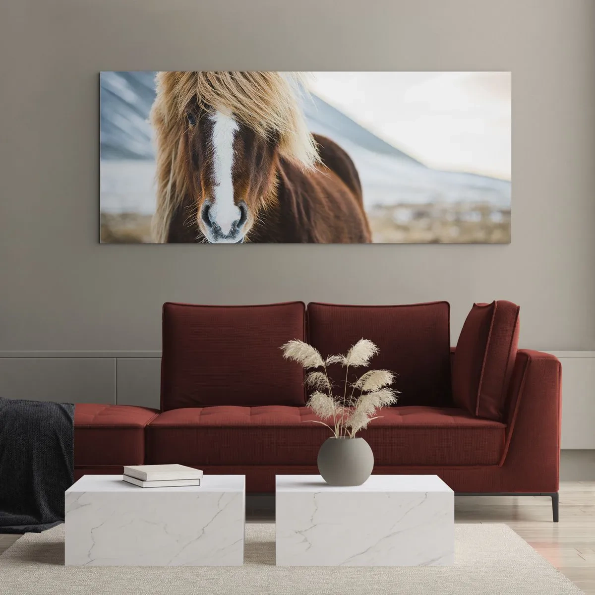 Impression sur verre - Image sur verre - Cheval islandais dans un paysage de montagne - 140x50cm - Sentez-vous la liberté ? - Décoration murale moderne pour le salon et la chambre ARTTOR