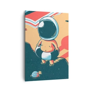 Impression sur toile - Image sur toile - Astronaute drôle sur la plage avec des éléments spatiaux en arrière-plan - 70x100cm - Suivant une autre perspective - Décoration murale moderne pour le salon et la chambre ARTTOR