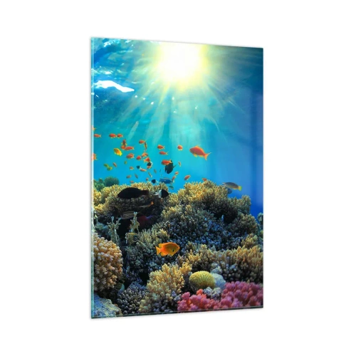 Impression sur verre - Image sur verre - Récif corallien avec des poissons sous les rayons du soleil sous l'eau - 80x120cm - Trésor sous-marin - Décoration murale moderne pour le salon et la chambre ARTTOR