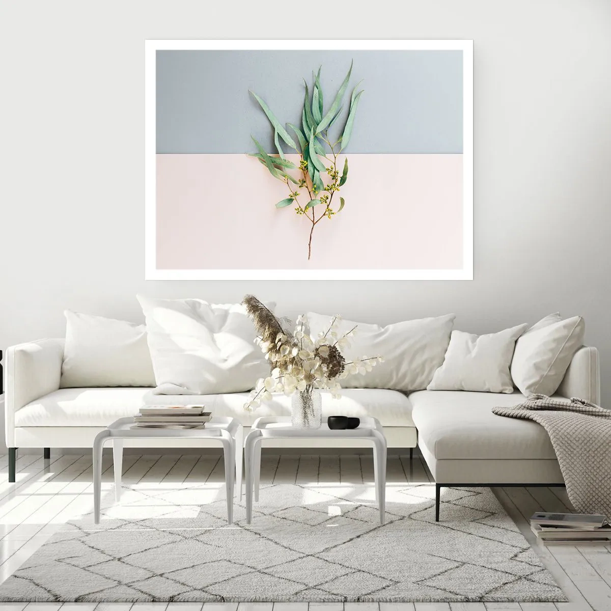 Affiche - Poster - Une branche avec des feuilles sur un fond de tons pastel - 100x70cm - Subtilité pastel - Décoration murale moderne pour le salon et la chambre ARTTOR