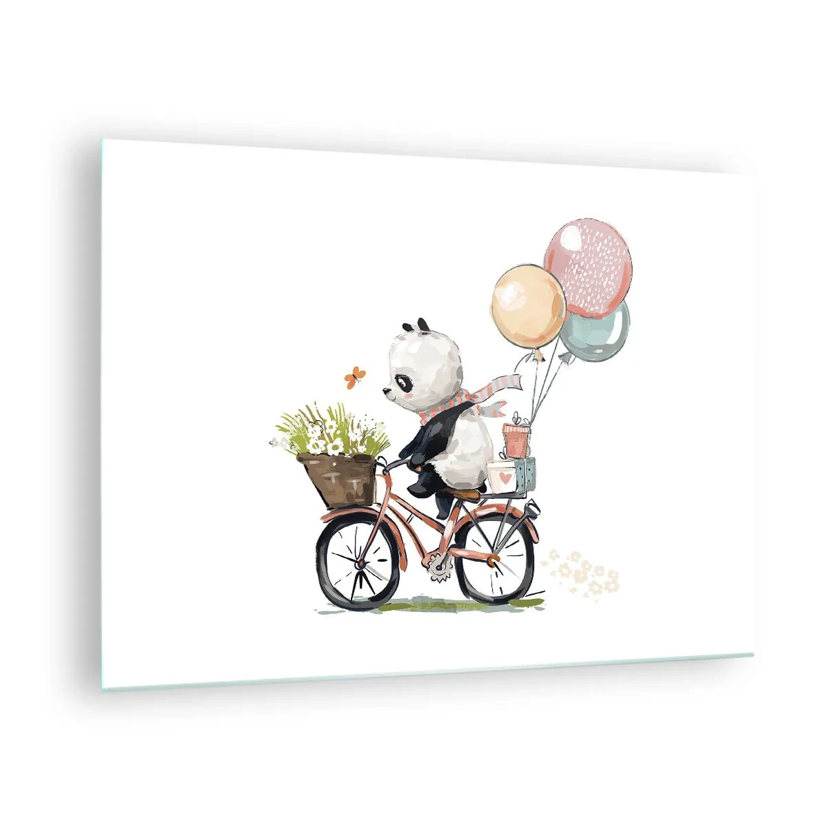 Impression sur verre - Image sur verre - Un panda faisant du vélo avec des ballons et un panier de fleurs. - 70x50cm - Jour de chance - Décoration murale moderne pour le salon et la chambre ARTTOR
