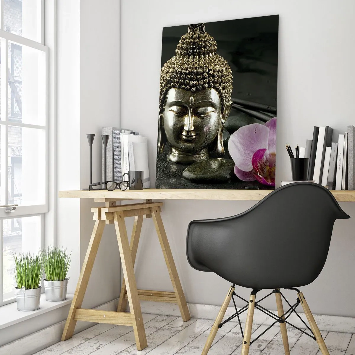 Impression sur verre - Image sur verre - Tête bouddhiste avec une fleur rose sur un fond de pierres - 50x70cm - Harmonie de la sagesse et de la beauté - Décoration murale moderne pour le salon et la chambre ARTTOR