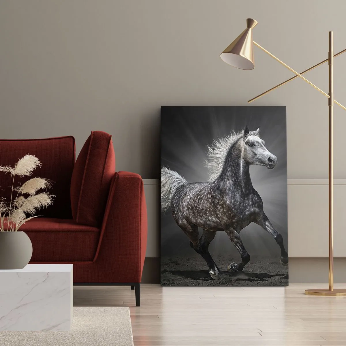 Impression sur toile - Image sur toile - Un cheval blanc galopant sur un fond sombre - 50x70cm - Le gris est beau - Décoration murale moderne pour le salon et la chambre ARTTOR