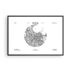 Affiche dans un cadre noir - Poster - Une carte minimaliste de Doha en noir et blanc avec des détails précis. - 100x70cm - Anatomie de Doha - Décoration murale moderne pour le salon et la chambre ARTTOR