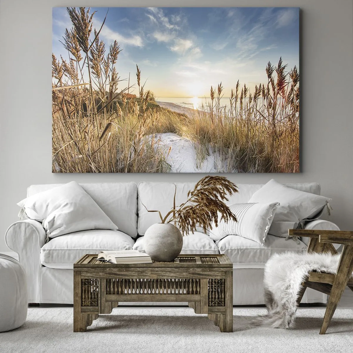 Impression sur toile - Image sur toile - Une plage pittoresque avec de l'herbe et le soleil couchant - 70x50cm - Plage du nord - Décoration murale moderne pour le salon et la chambre ARTTOR