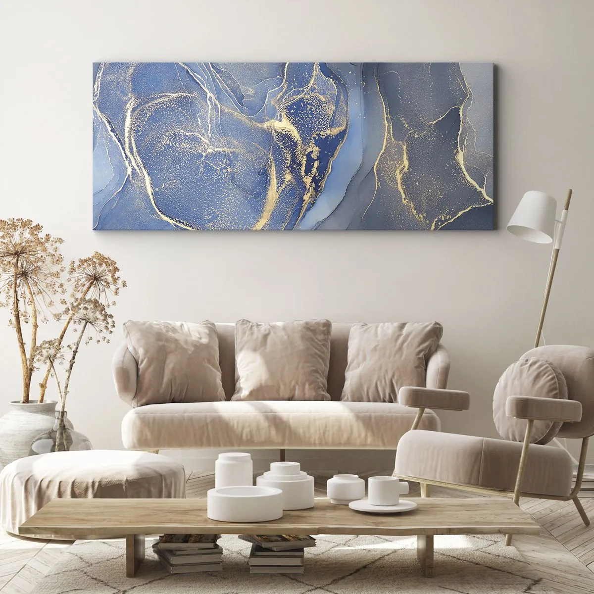 Impression sur toile - Image sur toile - Motifs bleus abstraits avec des accents dorés - 160x50cm - Poussière d'or - Décoration murale moderne pour le salon et la chambre ARTTOR