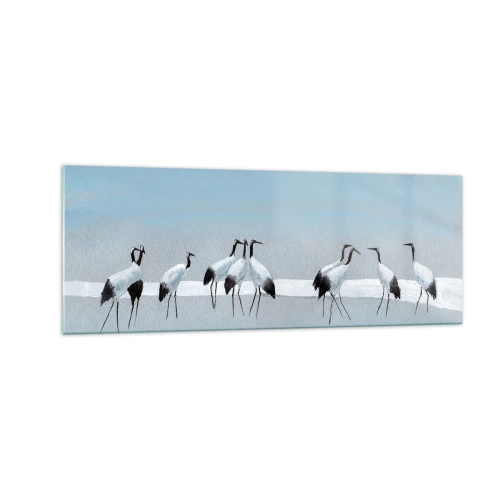 Impression sur verre - Image sur verre - Un groupe de grues contre un ciel bleu et le soleil levant - 140x50cm - Après une chaude journée - Décoration murale moderne pour le salon et la chambre ARTTOR