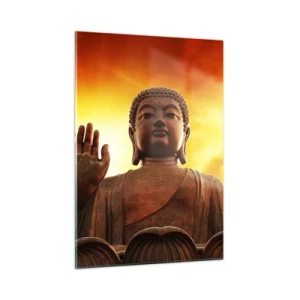 Impression sur verre - Image sur verre - Une statue de Bouddha sur fond de coucher de soleil doré - 50x70cm - La paix du monde - Décoration murale moderne pour le salon et la chambre ARTTOR