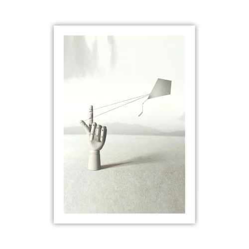 Affiche - Poster - Une main en bois avec un cerf-volant sur un fond lumineux - 50x70cm - Épreuve de force - Décoration murale moderne pour le salon et la chambre ARTTOR