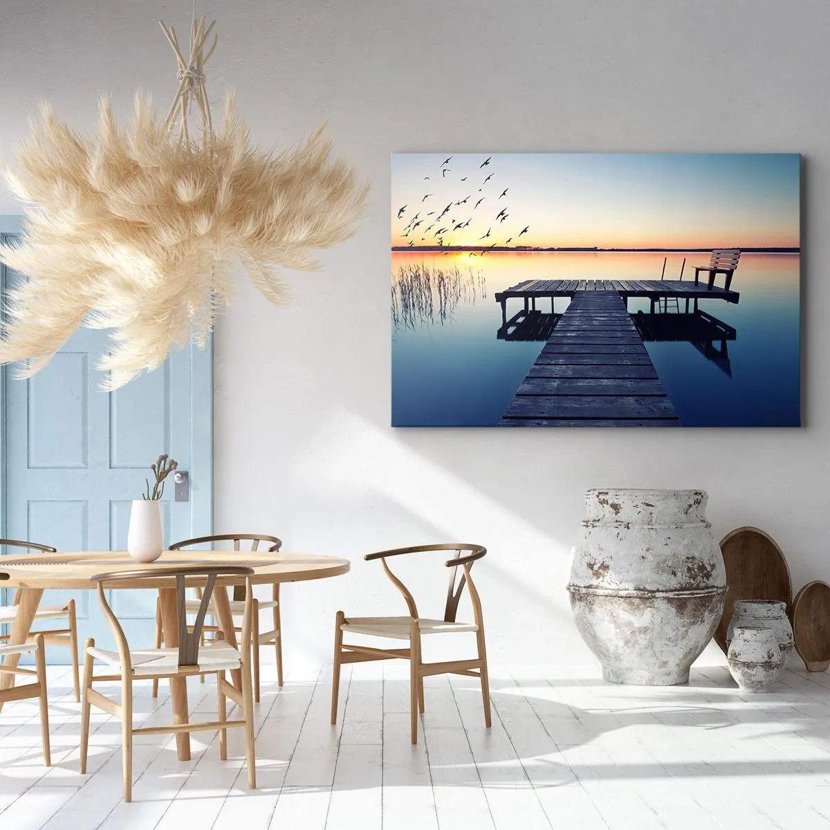 Impression sur toile - Image sur toile - Jetée en bois sur un lac au lever du soleil avec des oiseaux - 70x50cm - C'était une bonne journée - Décoration murale moderne pour le salon et la chambre ARTTOR
