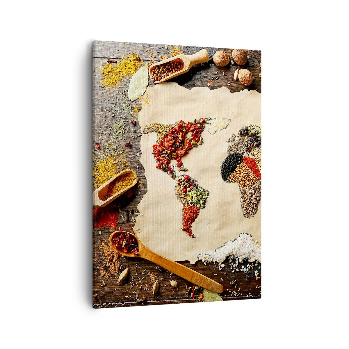Impression sur toile - Image sur toile - Une carte du monde faite d'épices sur un fond en bois. - 50x70cm - Toutes les saveurs du monde - Décoration murale moderne pour le salon et la chambre ARTTOR