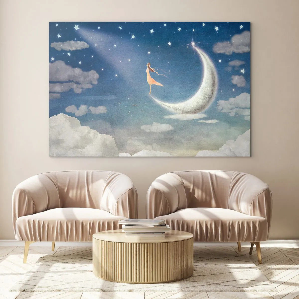 Impression sur verre - Image sur verre - Une femme dans une robe fluide debout sur la lune dans un ciel étoilé. - 70x50cm - Valise bleue - Décoration murale moderne pour le salon et la chambre ARTTOR