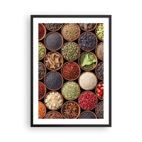 Affiche dans un cadre noir - Poster - Épices colorées dans de petits bols en bois - 50x70cm - Toutes les saveurs du monde - Décoration murale moderne pour le salon et la chambre ARTTOR