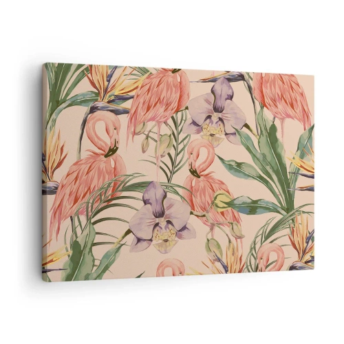 Impression sur toile - Image sur toile - Flamants roses et fleurs tropicales sur fond clair - 70x50cm - Ballet rose dans les fleurs - Décoration murale moderne pour le salon et la chambre ARTTOR