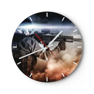 Horloge murale - Pendule murale - Un soldat avec un fusil sur fond de fumée et d'éclairs de lumière. - 30x30cm - Tout simplement un héros - Décoration murale moderne pour le salon, la cuisine et la chambre ARTTOR