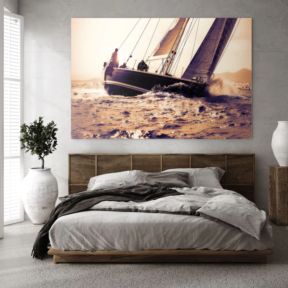 Impression sur verre - Image sur verre - Un voilier sur une mer agitée aux tons chauds - 70x50cm - Navigue, marin - Décoration murale moderne pour le salon et la chambre ARTTOR