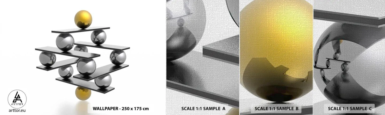 Échantillon de Papier Peint Premium Canvas - Balance d'or et d'argent - Abstraction, Boules de métal, 3D - 100x30 cm