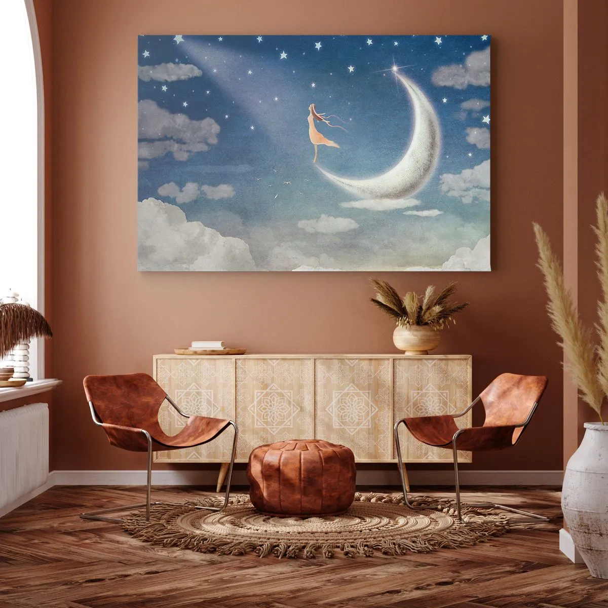 Impression sur toile - Image sur toile - Une femme dans la lune entourée d'étoiles et de nuages - 70x50cm - Valise bleue - Décoration murale moderne pour le salon et la chambre ARTTOR