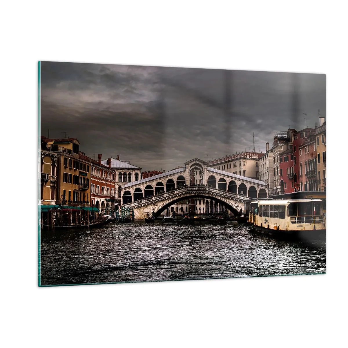 Impression sur verre - Image sur verre - Le pont du Rialto sous un ciel nuageux - 120x80cm - Promesse d'une soirée vénitienne - Décoration murale moderne pour le salon et la chambre ARTTOR