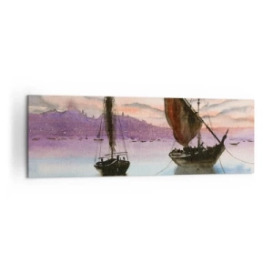 Impression sur toile - Image sur toile - Deux voiliers amarrés sur une eau calme au crépuscule - 160x50cm - Soirée au port - Décoration murale moderne pour le salon et la chambre ARTTOR