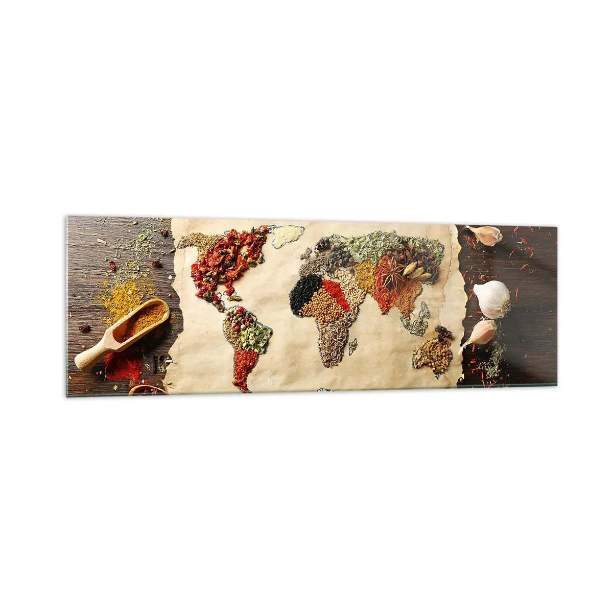Impression sur verre - Image sur verre - Une carte du monde faite d'épices sur un fond en bois. - 160x50cm - Toutes les saveurs du monde - Décoration murale moderne pour le salon et la chambre ARTTOR
