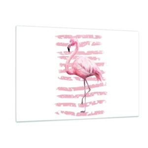 Impression sur verre - Image sur verre - Un flamant rose sur un fond de rayures roses artistiques. - 120x80cm - Avec dignité, bien qu'en rose - Décoration murale moderne pour le salon et la chambre ARTTOR