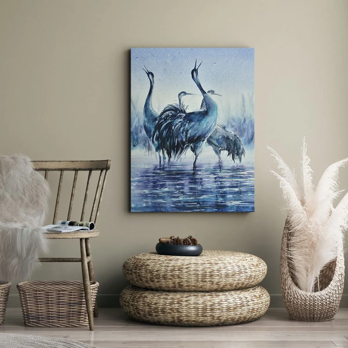 Impression sur toile - Image sur toile - Grues sur fond de brouillard et d'eau dans des tons bleus - 70x100cm - Réunion matinale - Décoration murale moderne pour le salon et la chambre ARTTOR