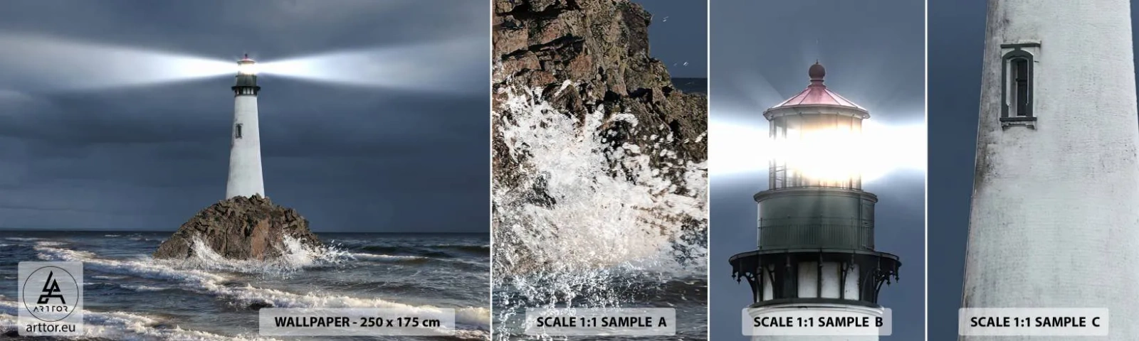 Échantillon de Papier Peint Autocollant Deluxe Sticker - I… i… ici ! - Paysage, Phare, Île - 100x30 cm