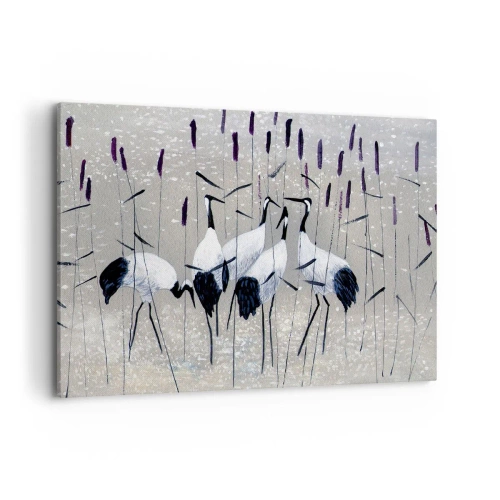 Impression sur toile - Image sur toile - Hérons dans l'herbe sur un fond paisible - 100x70cm - Parmi les siens - Décoration murale moderne pour le salon et la chambre ARTTOR