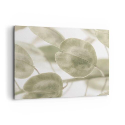 Impression sur toile - Image sur toile - Une peinture délicate de feuilles dans des tons pastel de vert sur un fond clair. - 100x70cm - Au commencement il y avait des feuilles... - Décoration murale moderne pour le salon et la chambre ARTTOR
