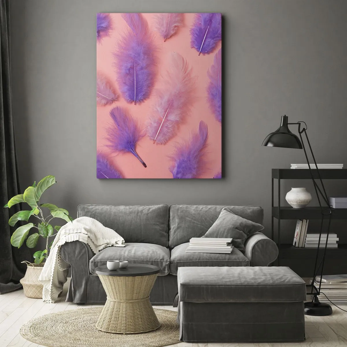 Impression sur toile - Image sur toile - Plumes violettes et roses sur fond pastel - 70x100cm - Oiseau de désir lilas - Décoration murale moderne pour le salon et la chambre ARTTOR