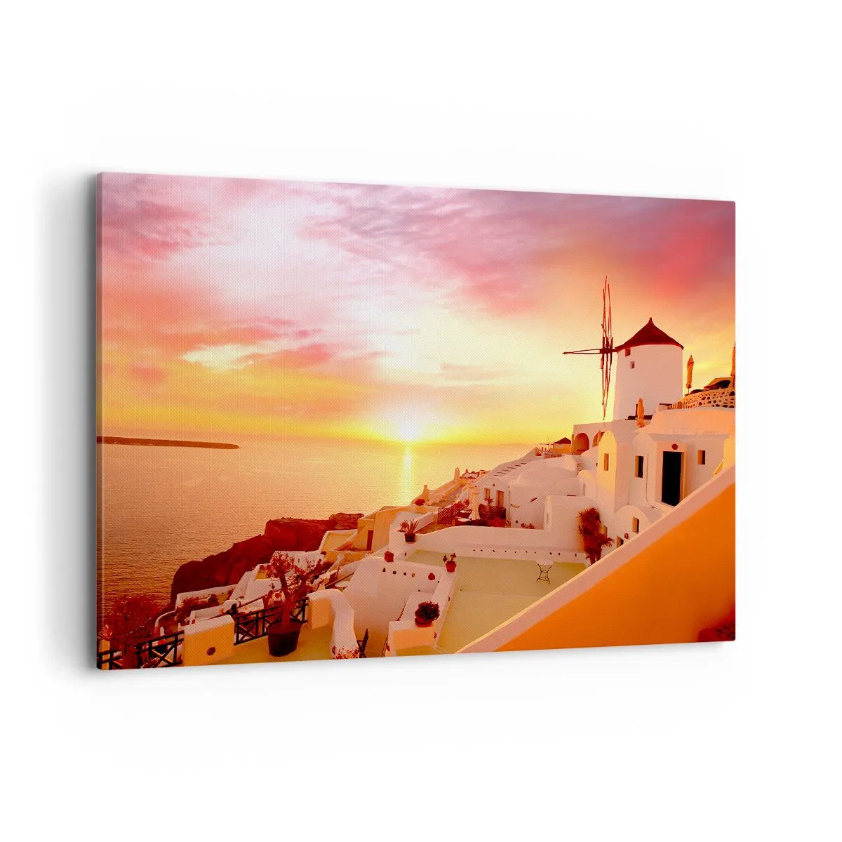 Impression sur toile - Image sur toile - Santorin au coucher du soleil avec un moulin à vent - 100x70cm - Fondre en blanc et or - Décoration murale moderne pour le salon et la chambre ARTTOR