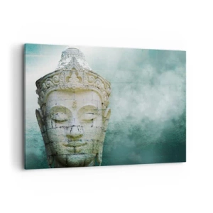 Impression sur toile - Image sur toile - Statue de Bouddha avec une douce brume sur un fond vert - 100x70cm - A la recherche de la lumière - Décoration murale moderne pour le salon et la chambre ARTTOR